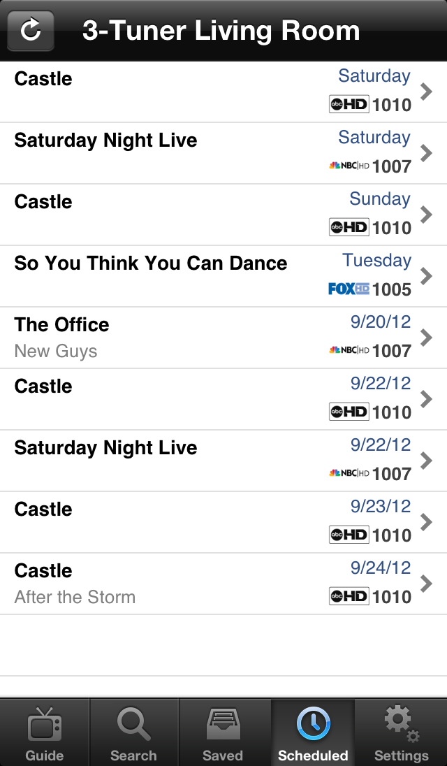 Scheduled recordings list